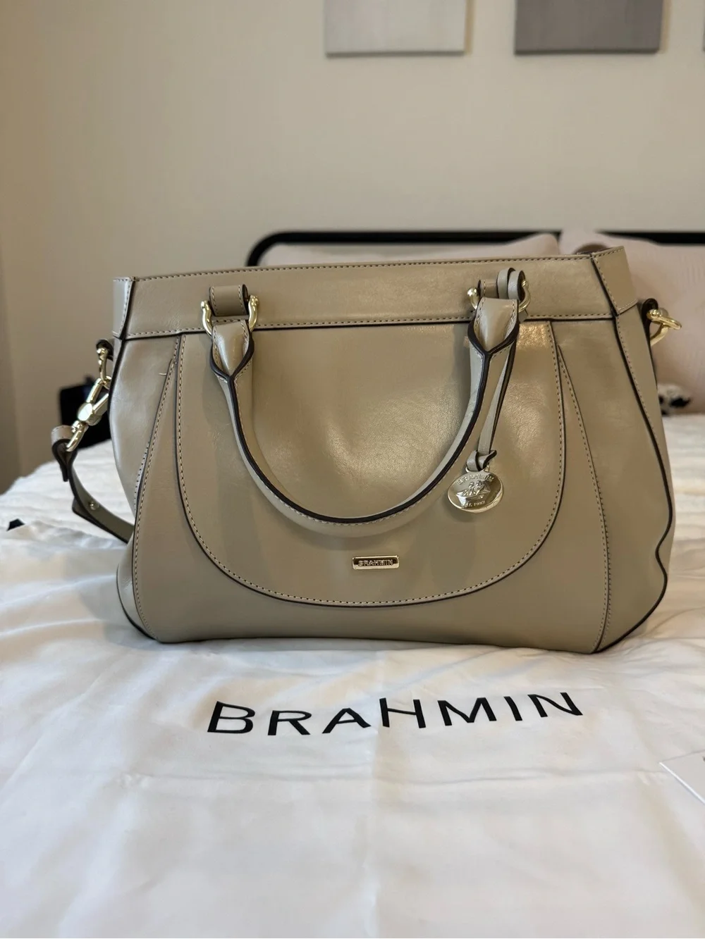 Brahmin Taupe Leather Satchel with Gold Hardware